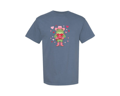 brand:Comfort Colors|color:Blue Jean|Cute Cowgirl Frog Valentines Day Graphic T-Shirt