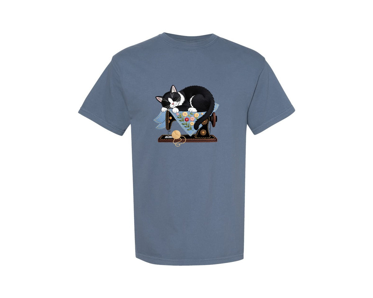brand:Comfort Colors|color:Blue Jean|Cat Sewing Machine Embroidery Art Graphic T-Shirt