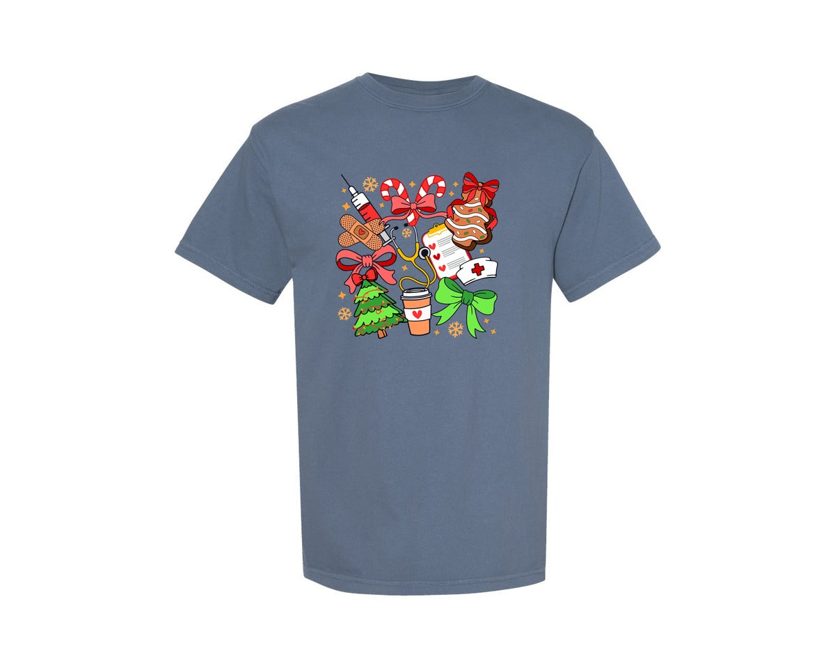 brand:Comfort Colors|color:Blue Jean|Christmas Preppy Coquette Nurse 2 Graphic T-Shirt