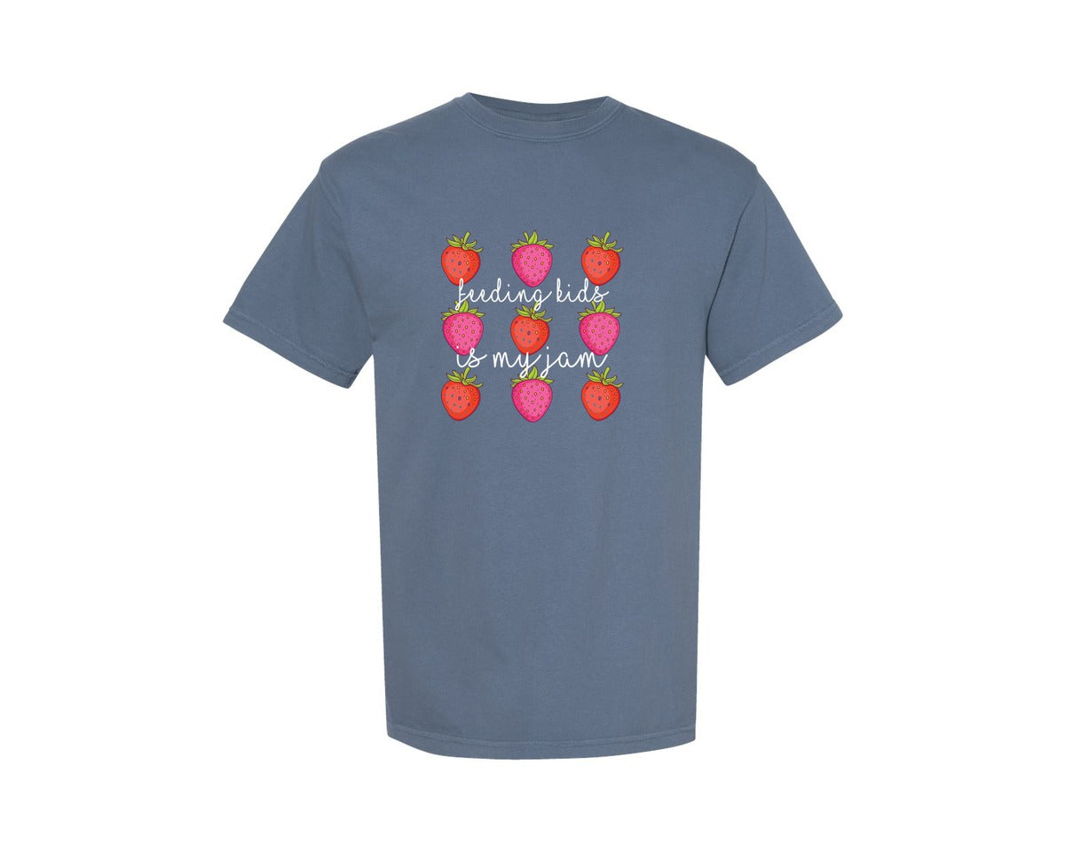 brand:Comfort Colors|color:Blue Jean|Feeding Kids Is My Jam Strawberry Graphic T-Shirt