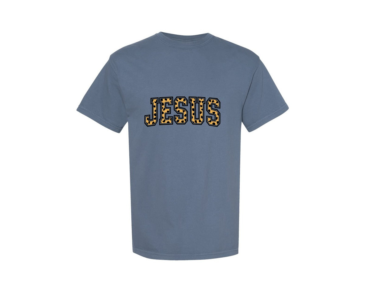 brand:Comfort Colors|color:Blue Jean|Jesus Leopard Print Typography Design Graphic T-Shirt