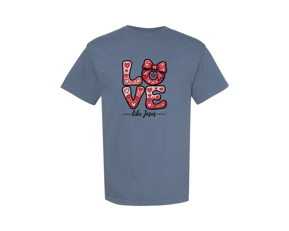 brand:Comfort Colors|color:Blue Jean|Love Like Jesus Coquette Valentine 11 Graphic T-Shirt