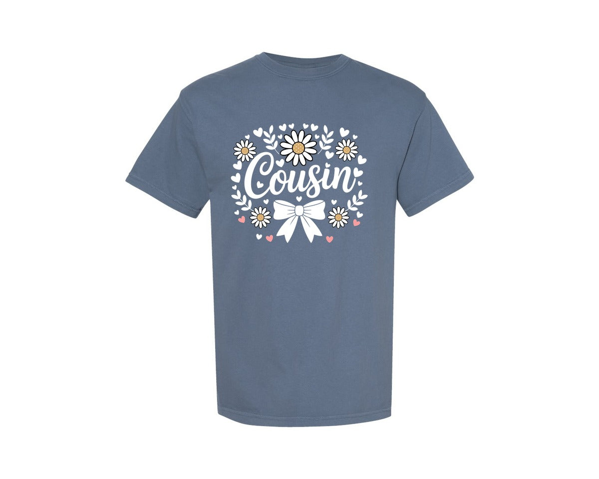 brand:Comfort Colors|color:Blue Jean|Cousin Daisy Flowers Bow Hearts Design Graphic T-Shirt