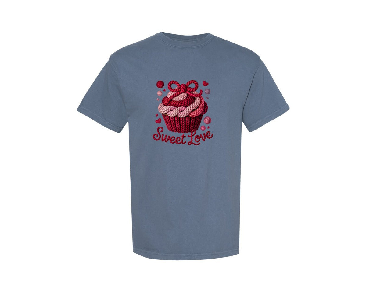 brand:Comfort Colors|color:Blue Jean|Faux Yarn Crochet Sweet Love Graphic T-Shirt