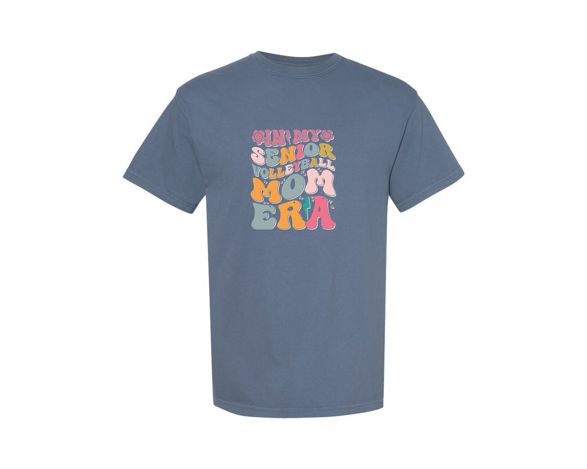 brand:Comfort Colors|color:Blue Jean|In My Senior Volleyball Mom Era Graphic T-Shirt