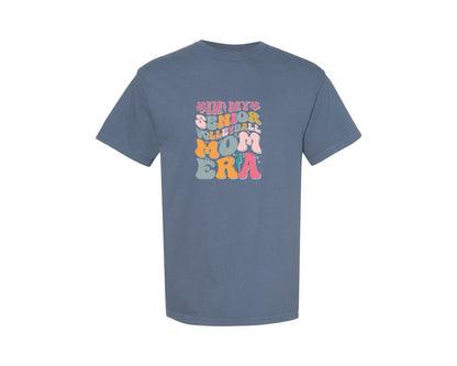 brand:Comfort Colors|color:Blue Jean|In My Senior Volleyball Mom Era Graphic T-Shirt