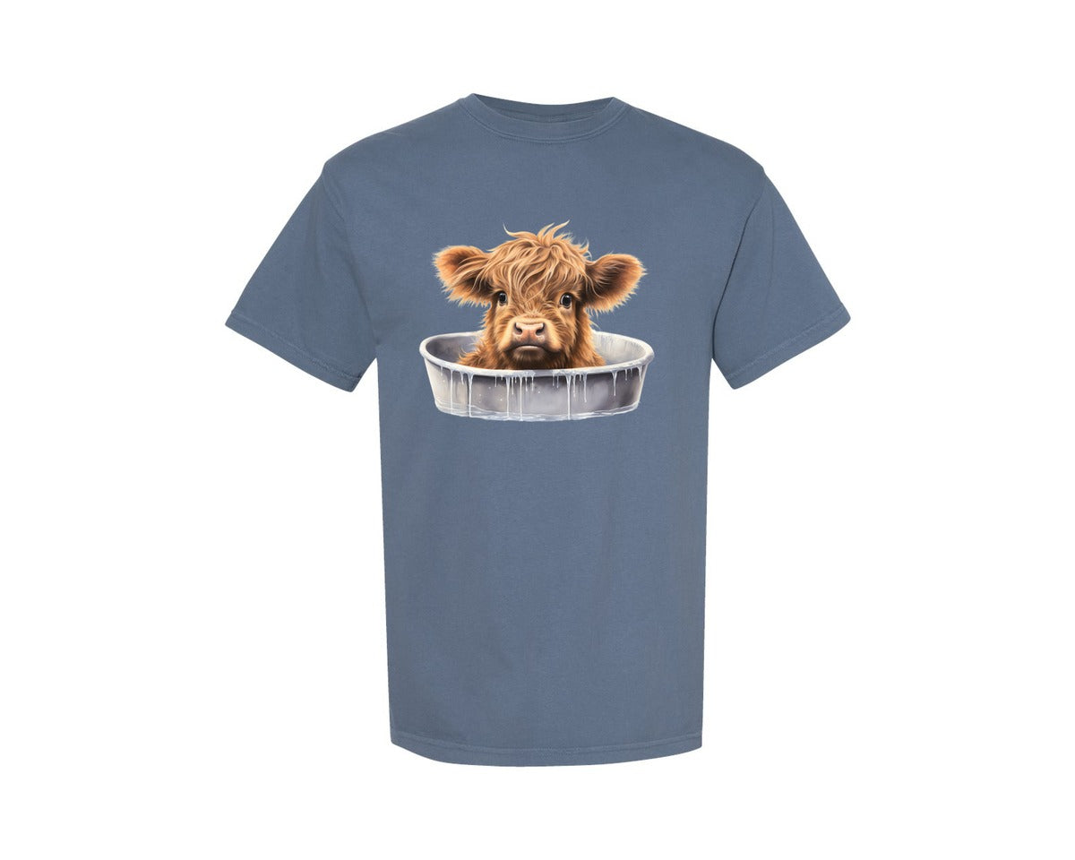 brand:Comfort Colors|color:Blue Jean|Highland Cow In Bathtub 3 Graphic T-Shirt