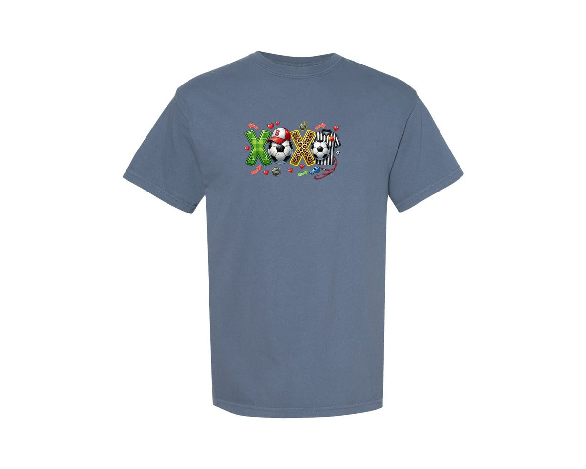brand:Comfort Colors|color:Blue Jean|Soccer Xoxo Valentines Day Graphic T-Shirt