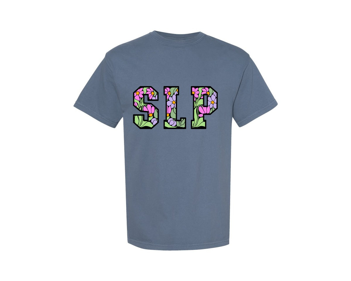 brand:Comfort Colors|color:Blue Jean|Slp Speech Language Pathologist Floral Graphic T-Shirt