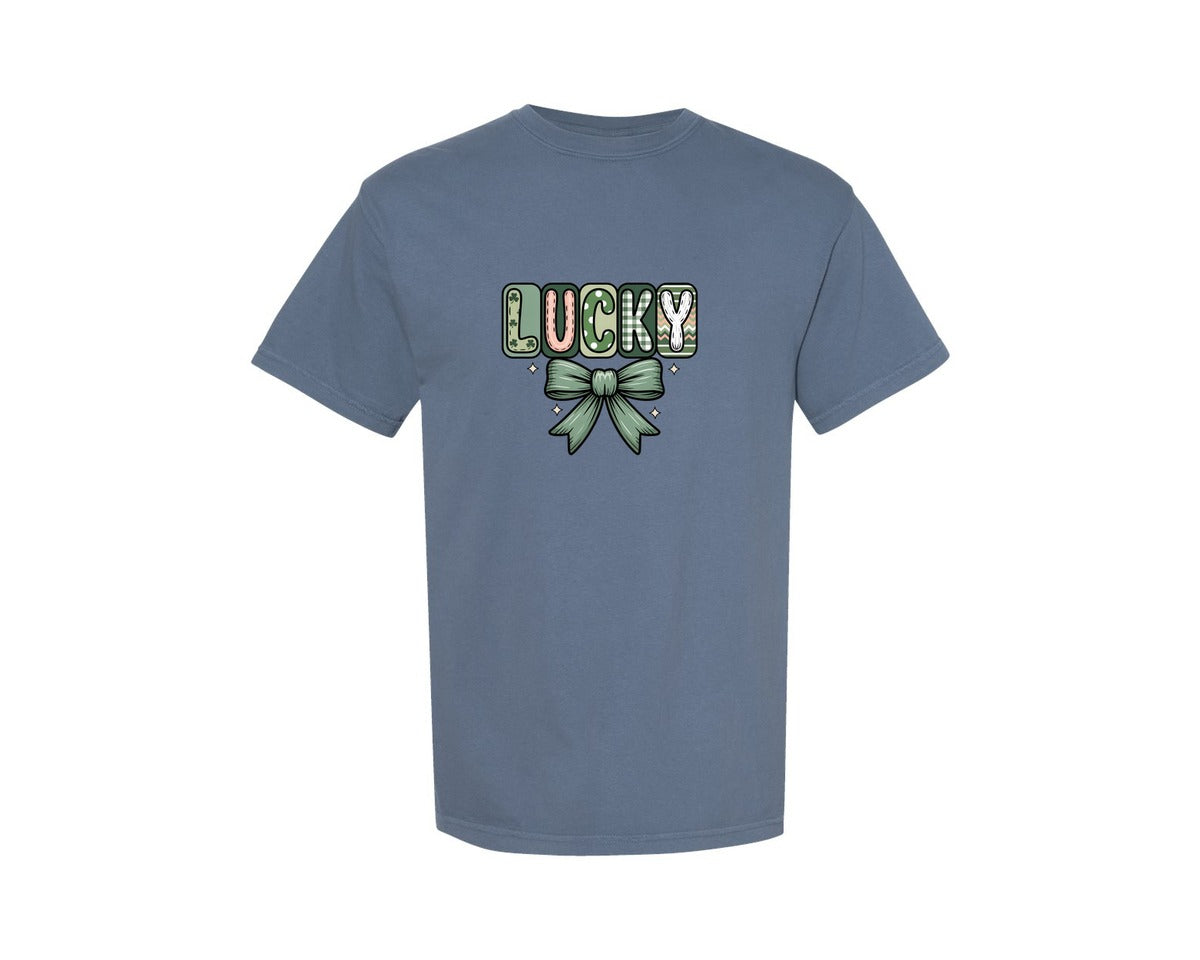 brand:Comfort Colors|color:Blue Jean|Lucky St Patricks Day Coquette Graphic T-Shirt