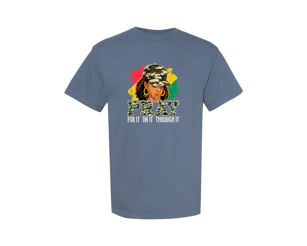 brand:Comfort Colors|color:Blue Jean|Pray For It Camouflage Black Girl Graphic T-Shirt