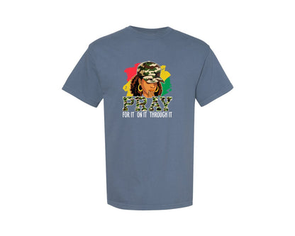 brand:Comfort Colors|color:Blue Jean|Pray For It Camouflage Black Girl Graphic T-Shirt