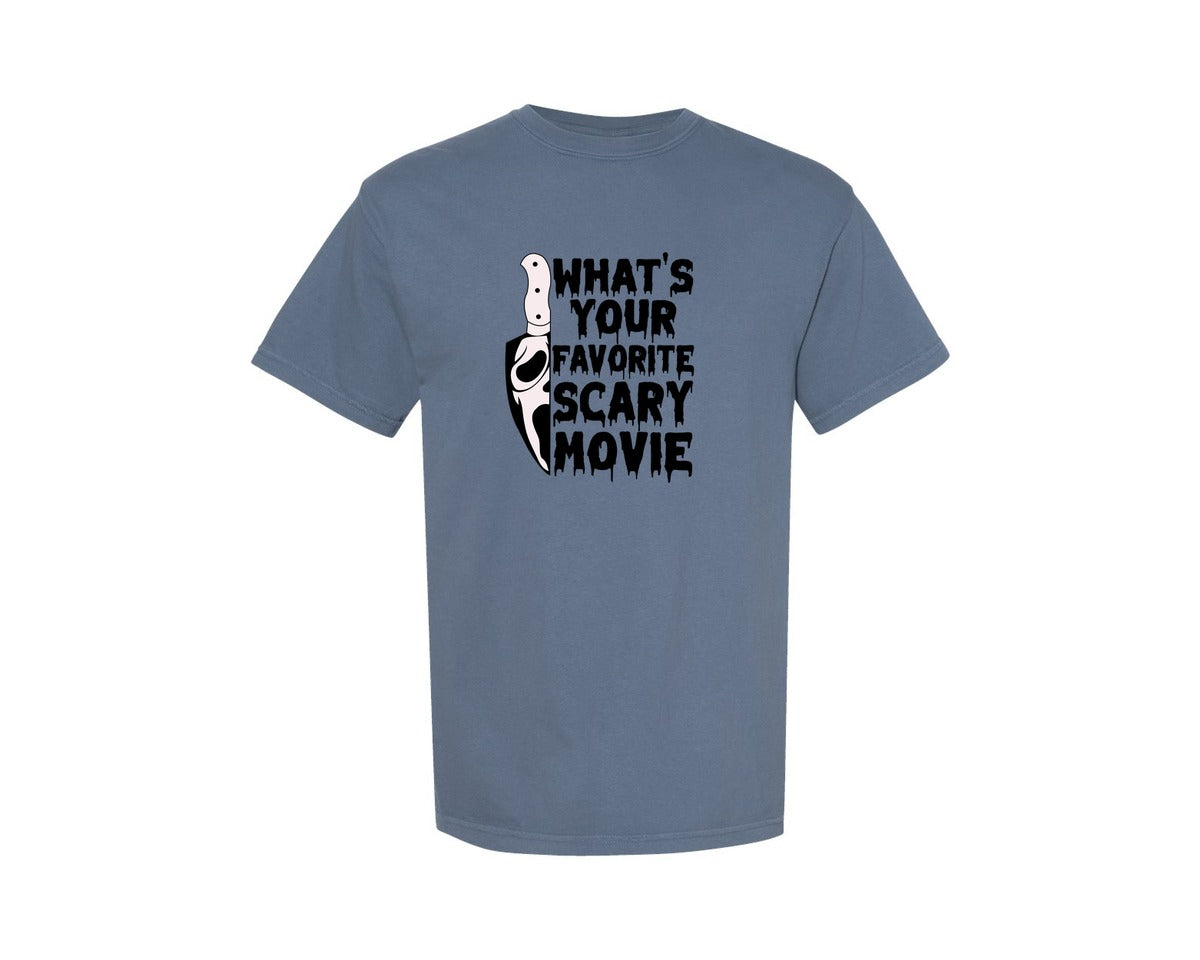 brand:Comfort Colors|color:Blue Jean|Whats Your Favorite Scary Movie Scream Graphic T-Shirt