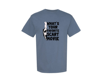 brand:Comfort Colors|color:Blue Jean|Whats Your Favorite Scary Movie Scream Graphic T-Shirt