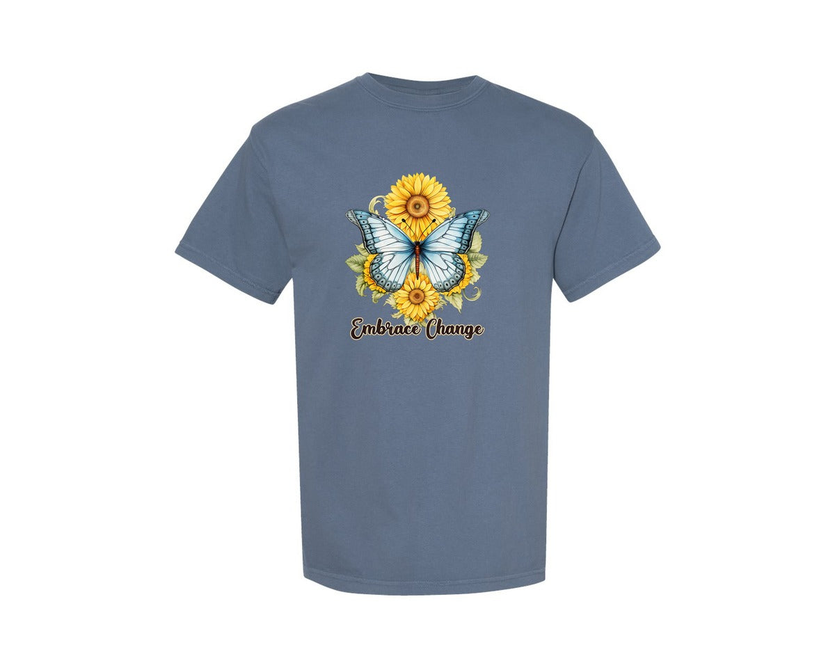 brand:Comfort Colors|color:Blue Jean|Graceful Butterfly On Sunflower Graphic T-Shirt