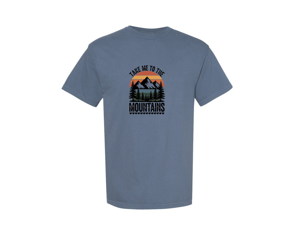 brand:Comfort Colors|color:Blue Jean|Retro Mountain Sunset Hiking Graphic Tee Graphic T-Shirt