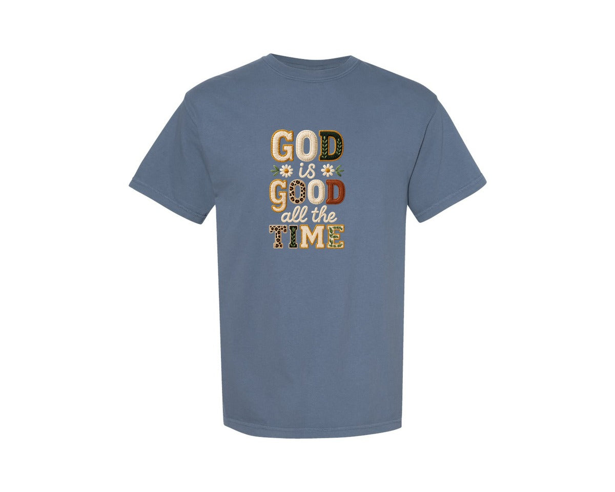 brand:Comfort Colors|color:Blue Jean|God Is Good Floral Textured Faith Graphic T-Shirt