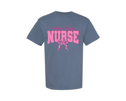 brand:Comfort Colors|color:Blue Jean|Mother Baby Nurse Coquette Nurse Bow Graphic T-Shirt