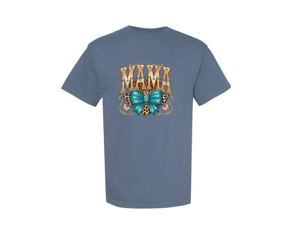 brand:Comfort Colors|color:Blue Jean|Western Leopard Mama With Bow Graphic T-Shirt