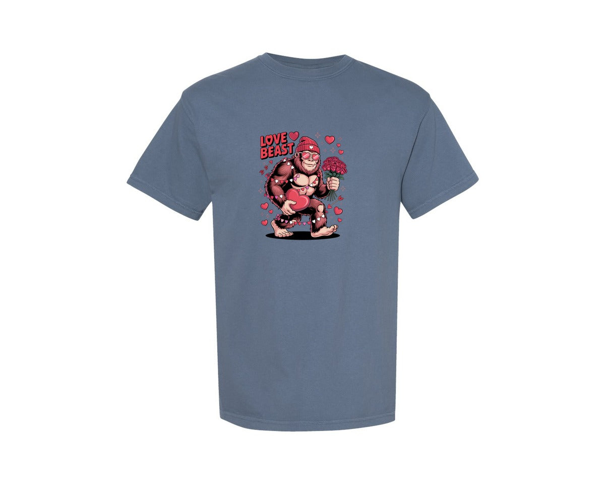 brand:Comfort Colors|color:Blue Jean|Funny Bigfoot Love Beast Valentine Graphic T-Shirt