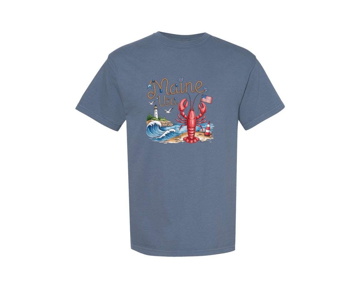 brand:Comfort Colors|color:Blue Jean|Maine Usa Lobster Lighthouse Graphic T-Shirt