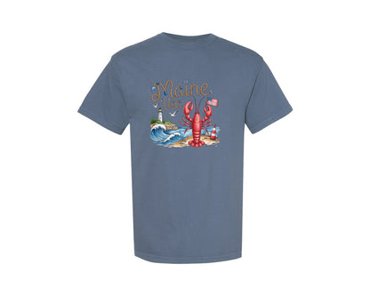 brand:Comfort Colors|color:Blue Jean|Maine Usa Lobster Lighthouse Graphic T-Shirt