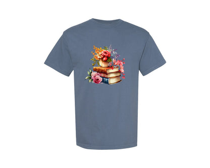brand:Comfort Colors|color:Blue Jean|Books Flowers T Shirt Graphic T-Shirt