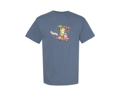 brand:Comfort Colors|color:Blue Jean|Cute Valentine Frog Riding Scooter Graphic T-Shirt