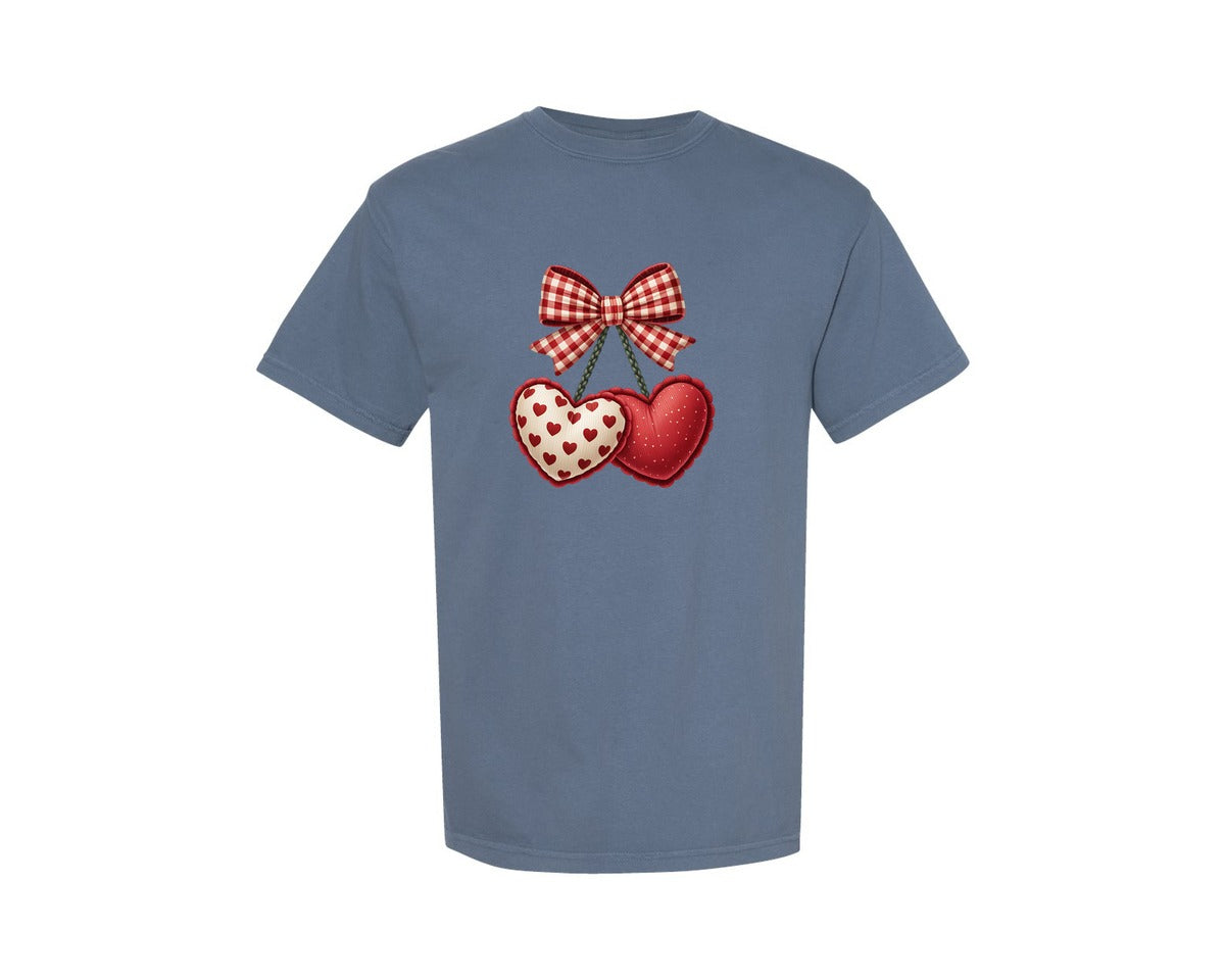 brand:Comfort Colors|color:Blue Jean|Valentines Day Cherry Bow Valentine Graphic T-Shirt