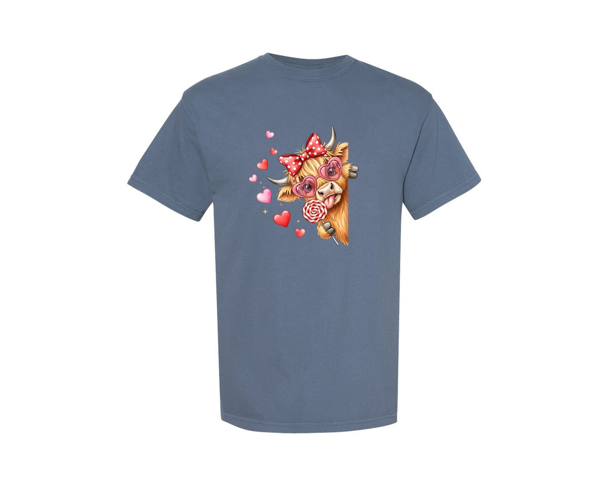 brand:Comfort Colors|color:Blue Jean|Funny Valentine Highland Cow 10 Graphic T-Shirt