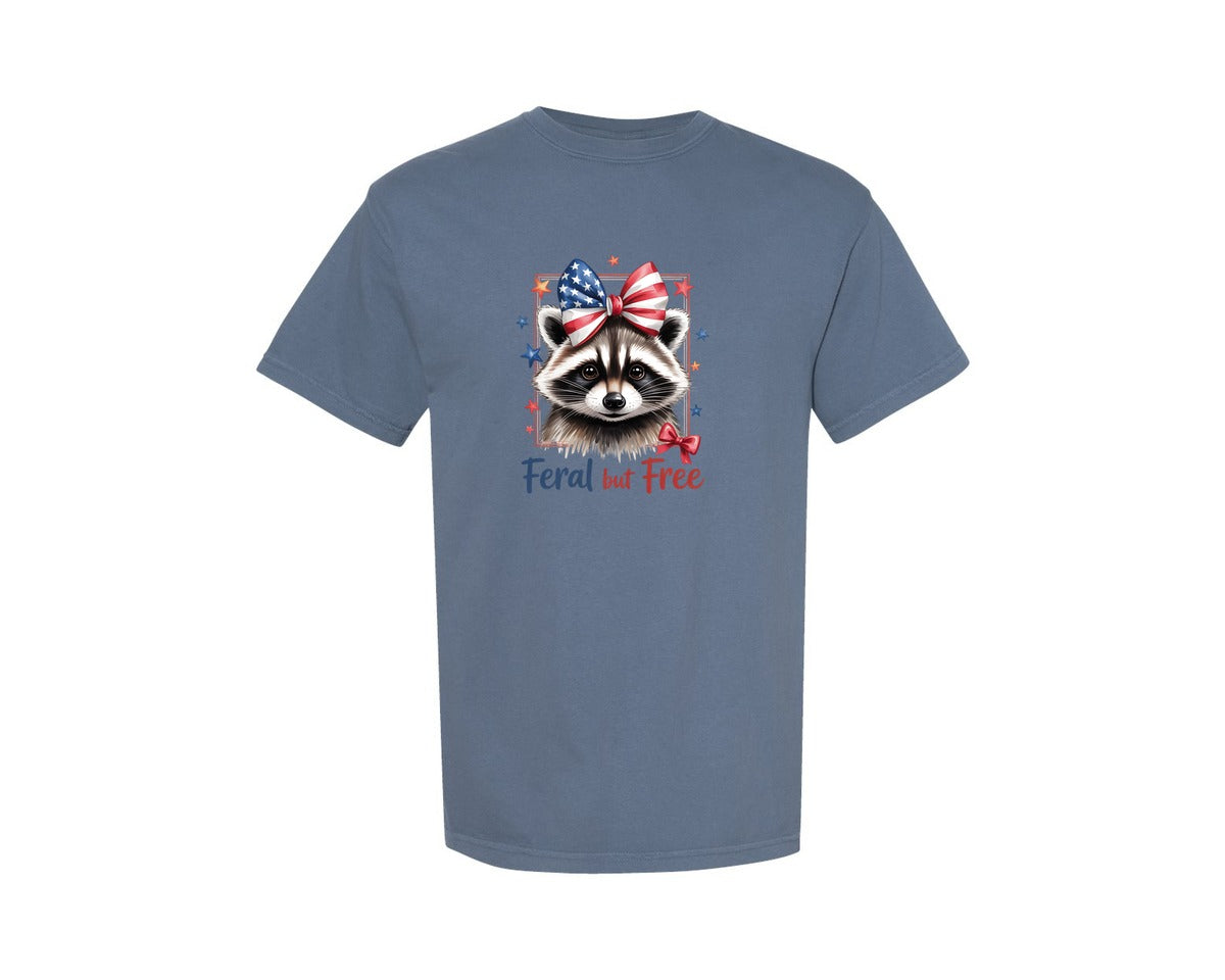 brand:Comfort Colors|color:Blue Jean|Feral But Free Raccoon 4Th Of July 3 Graphic T-Shirt