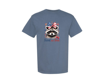brand:Comfort Colors|color:Blue Jean|Feral But Free Raccoon 4Th Of July 3 Graphic T-Shirt
