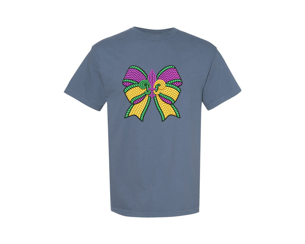 brand:Comfort Colors|color:Blue Jean|Faux Crochet Mardi Gras Side Bow Graphic T-Shirt