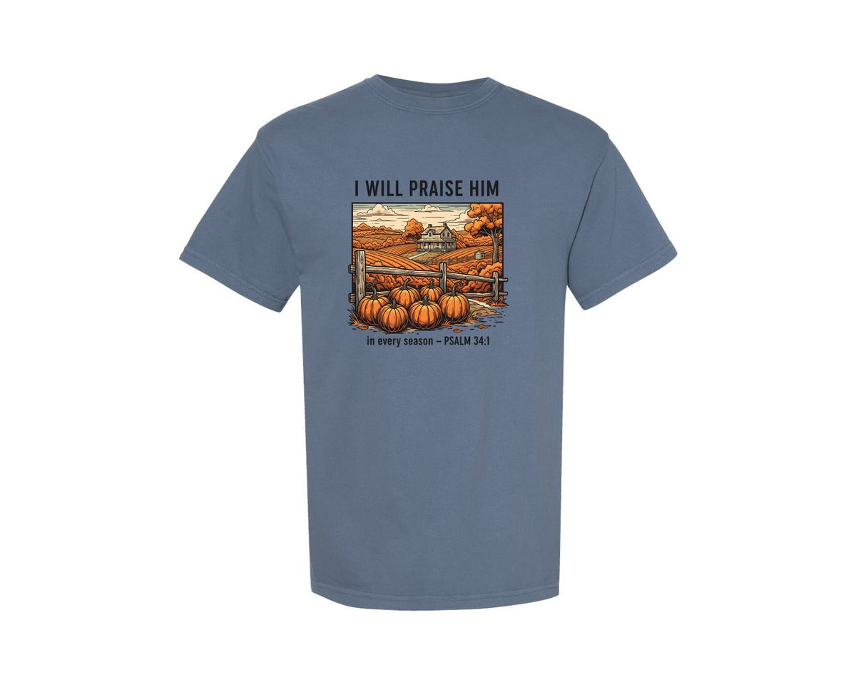 brand:Comfort Colors|color:Blue Jean|I Will Praise Him In Every Season 32 Graphic T-Shirt