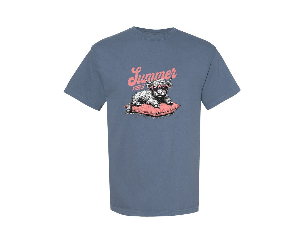 brand:Comfort Colors|color:Blue Jean|Summer Vibes Highland Cow Shirt Graphic T-Shirt