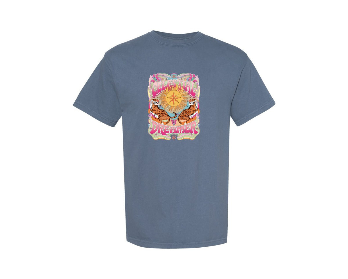 brand:Comfort Colors|color:Blue Jean|Celestial Dreamer Boho Tiger Design Graphic T-Shirt