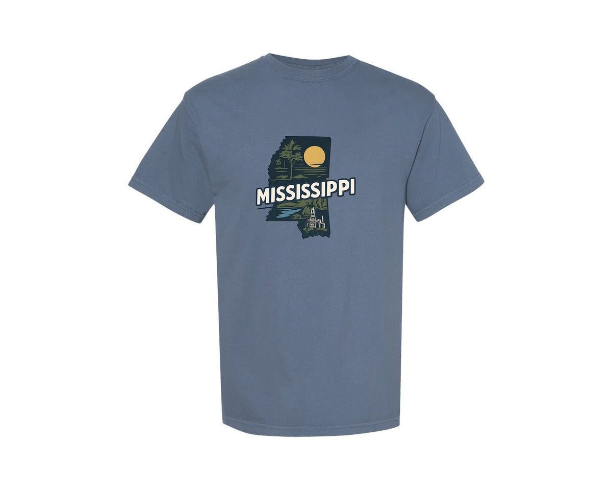 brand:Comfort Colors|color:Blue Jean|Mississippi State Map 2 Graphic T-Shirt