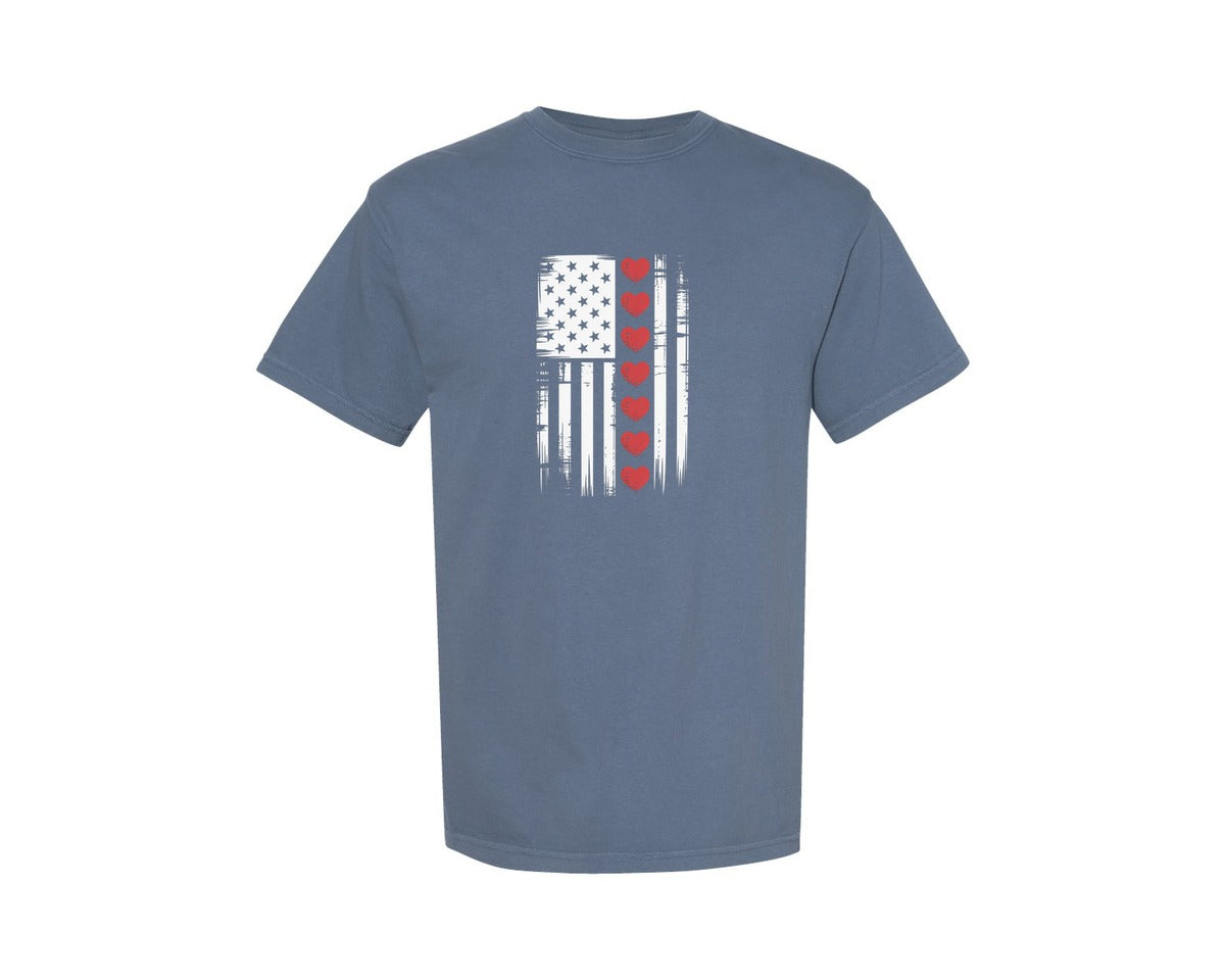 brand:Comfort Colors|color:Blue Jean|Distressed American Flag Valentine Graphic T-Shirt