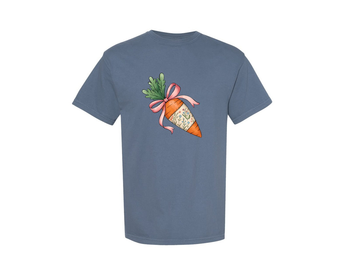 brand:Comfort Colors|color:Blue Jean|Floral Easter Carrot Coquette Bow Graphic T-Shirt