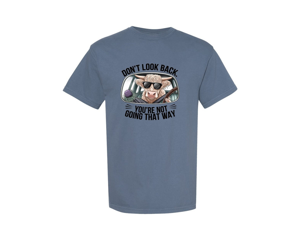 brand:Comfort Colors|color:Blue Jean|Dont Look Back Highland Cow 4 Graphic T-Shirt