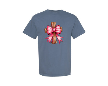 brand:Comfort Colors|color:Blue Jean|Cross With Pink Bow Christian Graphic T-Shirt