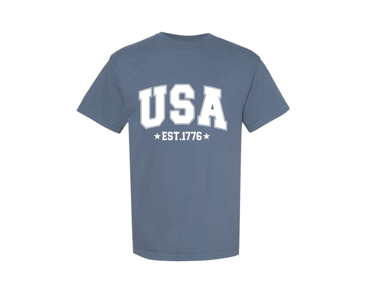 brand:Comfort Colors|color:Blue Jean|Usa Est 1776 4Th Of July 2 Graphic T-Shirt