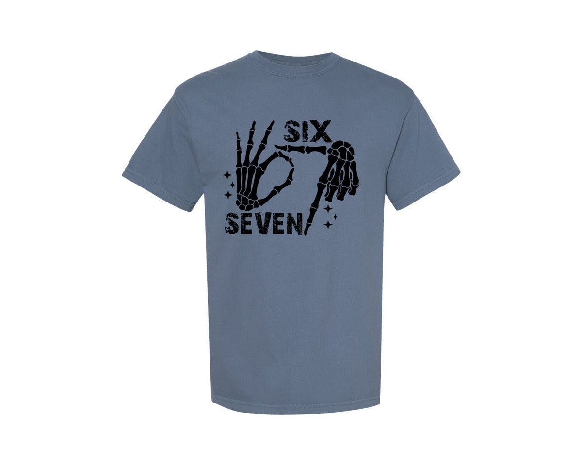 brand:Comfort Colors|color:Blue Jean|Six Seven 6 7 Meme Skeleton Hands Graphic T-Shirt