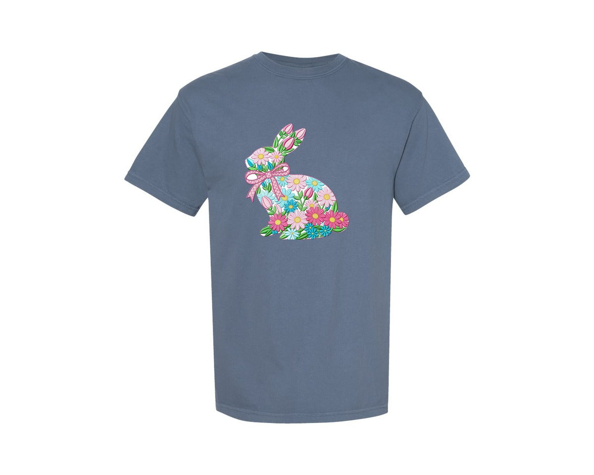brand:Comfort Colors|color:Blue Jean|Floral Bunny Silhouette Graphic T-Shirt