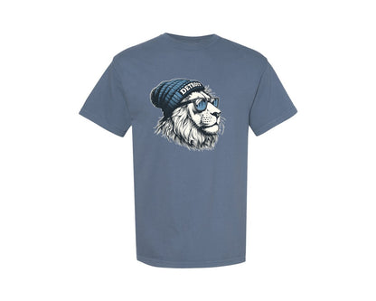 brand:Comfort Colors|color:Blue Jean|Detroit Lions Wearing Beanie Shirt Graphic T-Shirt