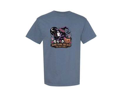 brand:Comfort Colors|color:Blue Jean|Witch With Black Cat Pumpkin Skulls Graphic T-Shirt