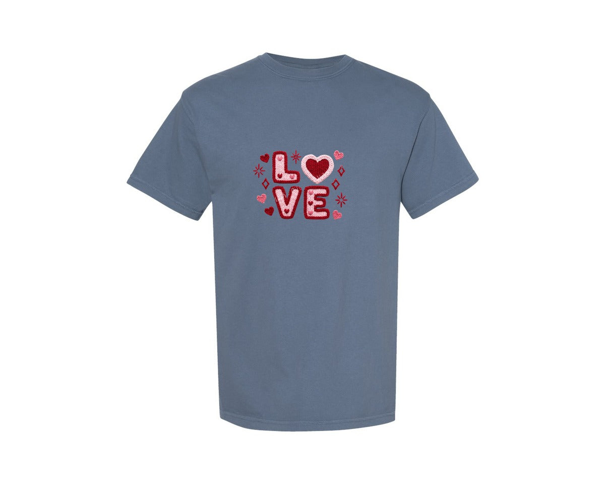 brand:Comfort Colors|color:Blue Jean|Faux Yarn Crochet Love Valentines Day Pn 3 Graphic T-Shirt