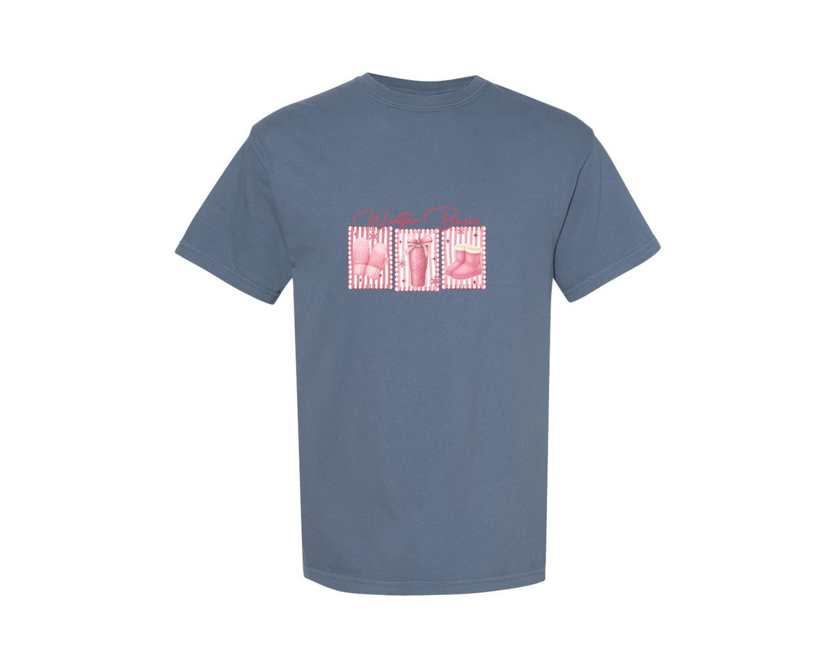 brand:Comfort Colors|color:Blue Jean|Winter Basic Pink Cozy Mittens Boot Graphic T-Shirt