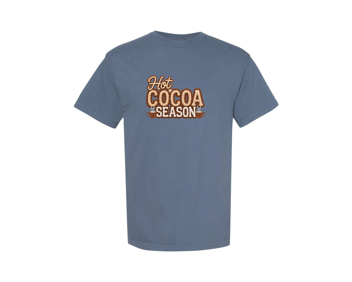 brand:Comfort Colors|color:Blue Jean|Hot Cocoa Season Faux Yarn Winter Graphic T-Shirt