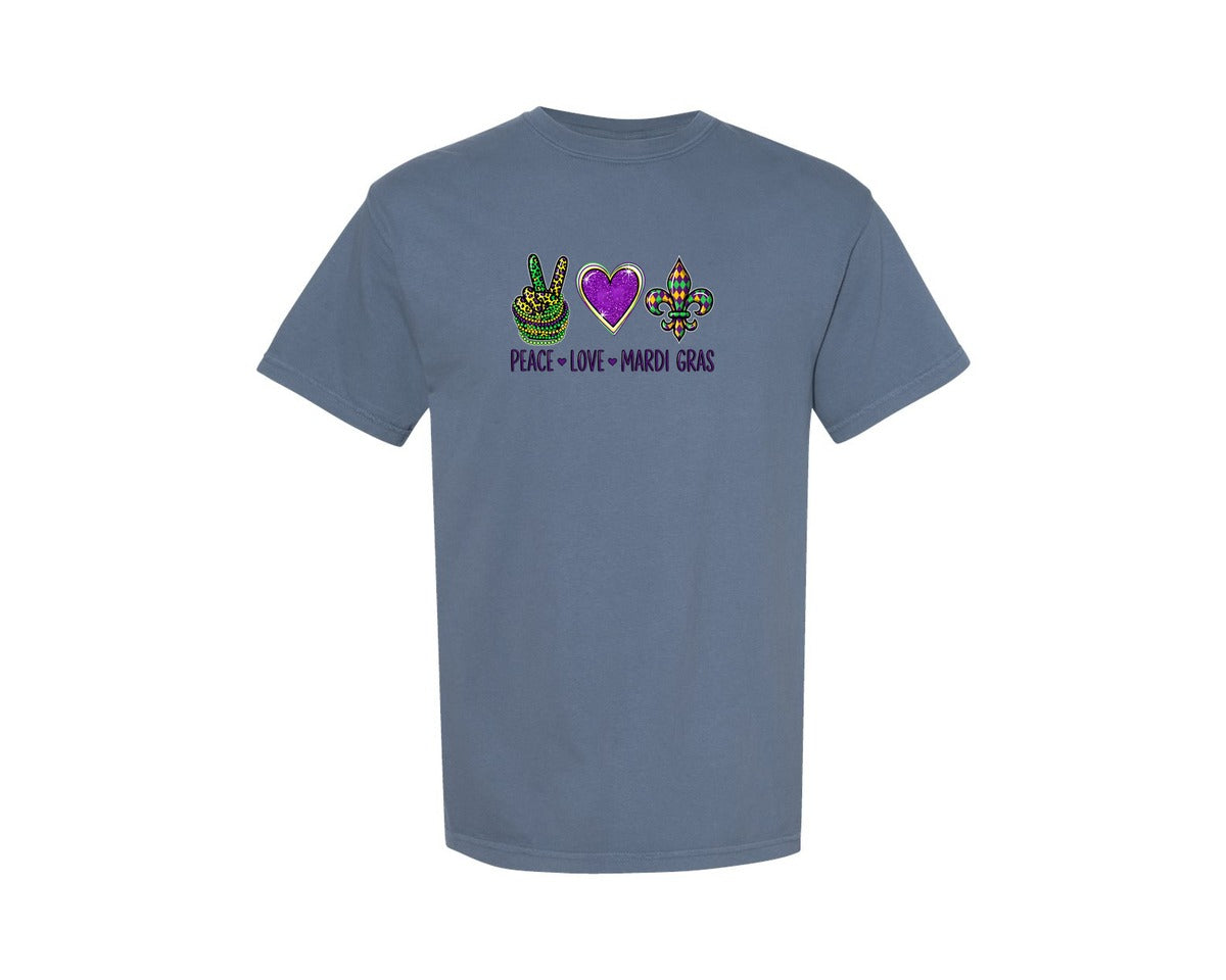 brand:Comfort Colors|color:Blue Jean|Peace Love Mardi Gras 5 Graphic T-Shirt